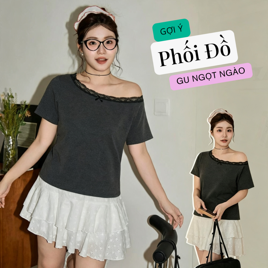 Áo Thun Bigsize Cotton Lệch Vai Viền Ren Phong Cách Hàn Quốc