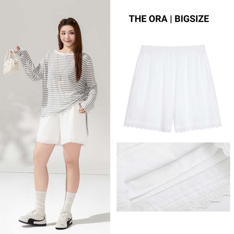 Quần shorts Bigsize Dáng Chữ A, Lưng Thun Phối Ren – Vải Cotton | THE ORA BIGSIZE