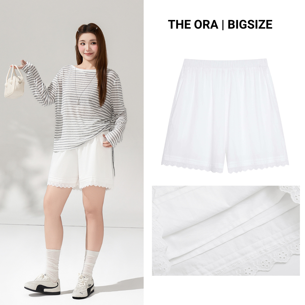 Quần shorts Bigsize Dáng Chữ A, Lưng Thun Phối Ren – Vải Cotton | THE ORA BIGSIZE