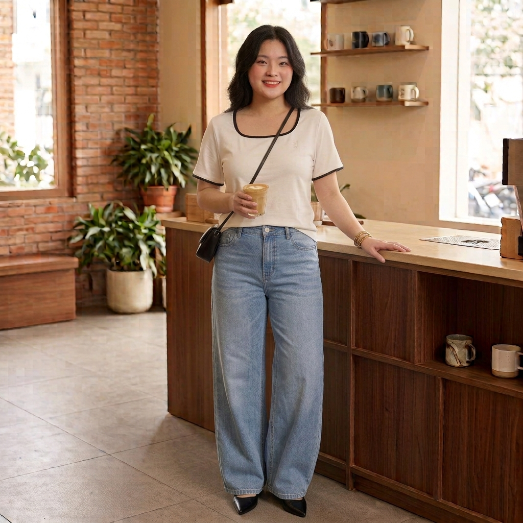 áo thun bigsize cổ vuông thêu hình viền ren xinh xắn phối cùng jean